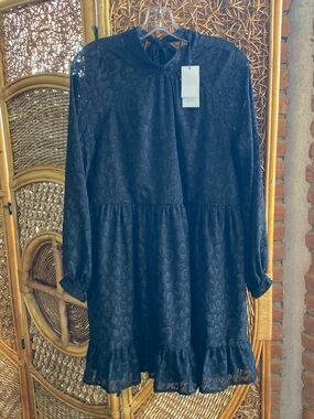 Lipsy Black High Neck Long Sleeve Ruffle Mini Dress Animal Jacquard Print